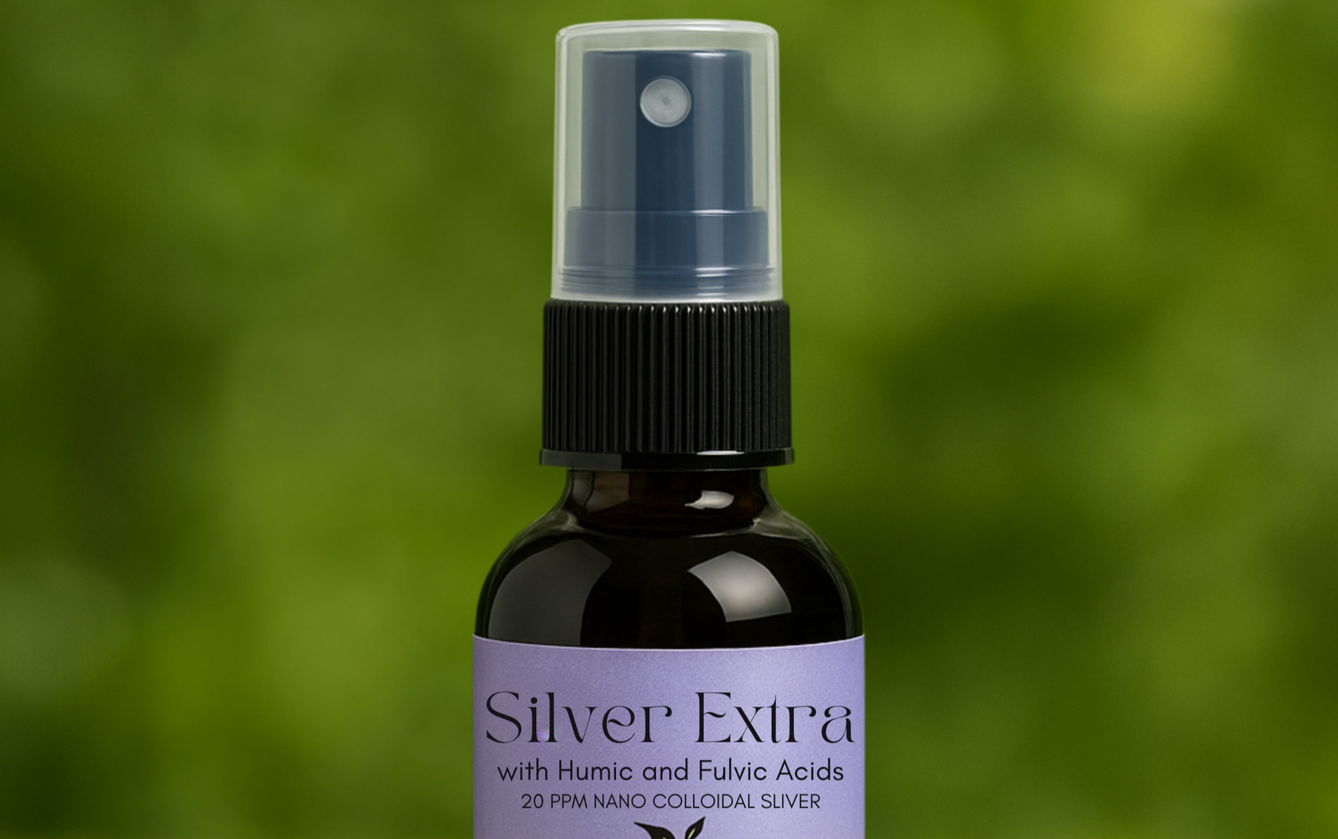 A bottle of Colloidal Silver Extra with Humic and Fulvic Acid Spray by EPIC MINERALS on a mossy surface with a blurred green background.